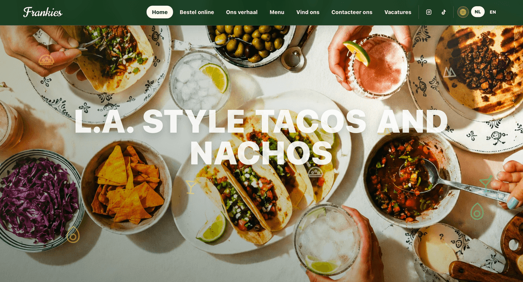 Homepage preview van Frankies Gent, een kleurrijke horecawebsite met taco en nacho hero. op mobiel