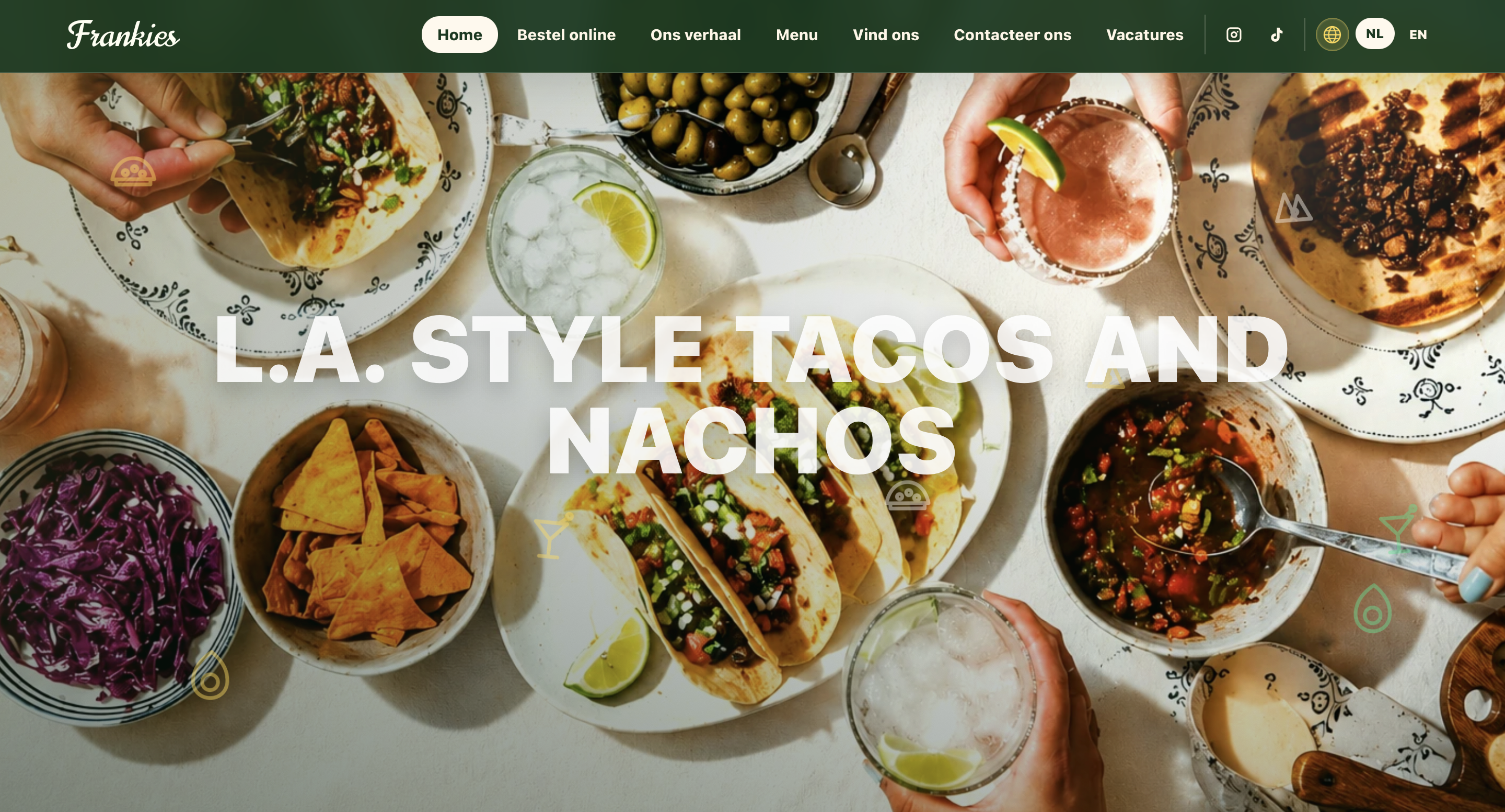 Homepage preview van Frankies Gent, een kleurrijke horecawebsite met taco en nacho hero.