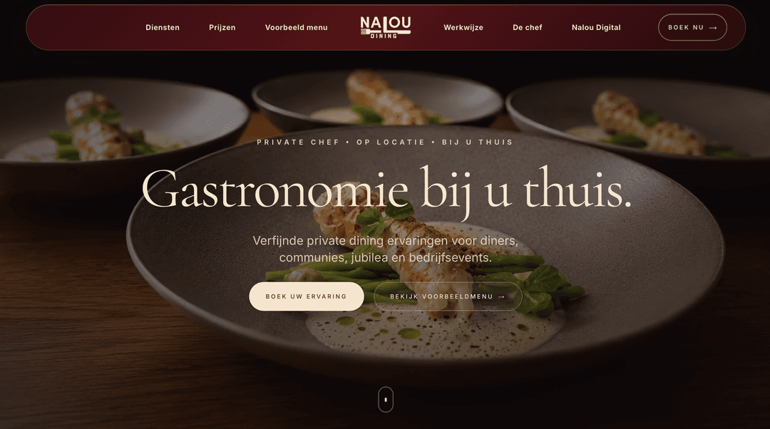 Homepage preview van Nalou Dining, een private dining website met premium hero. op mobiel