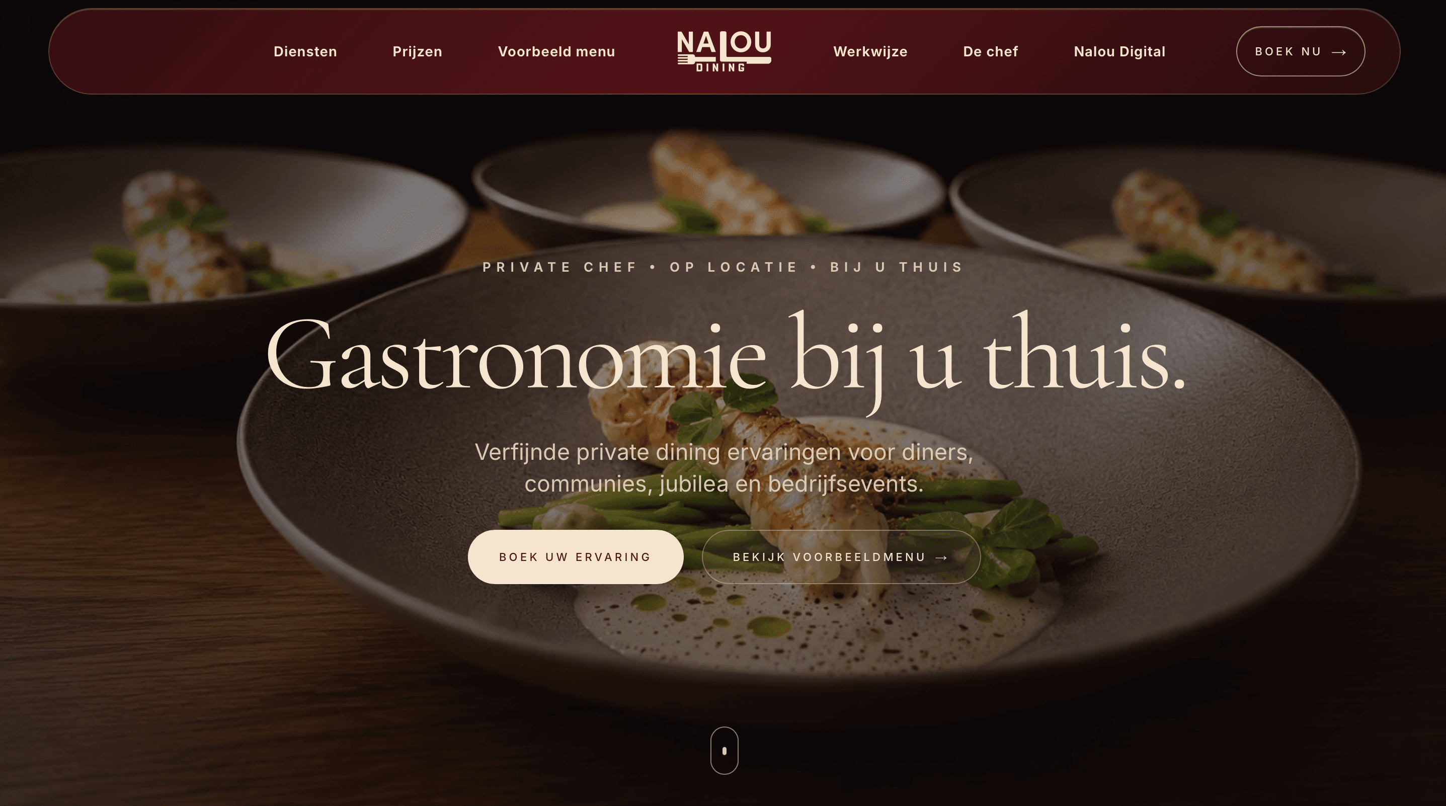 Homepage preview van Nalou Dining, een private dining website met premium hero.